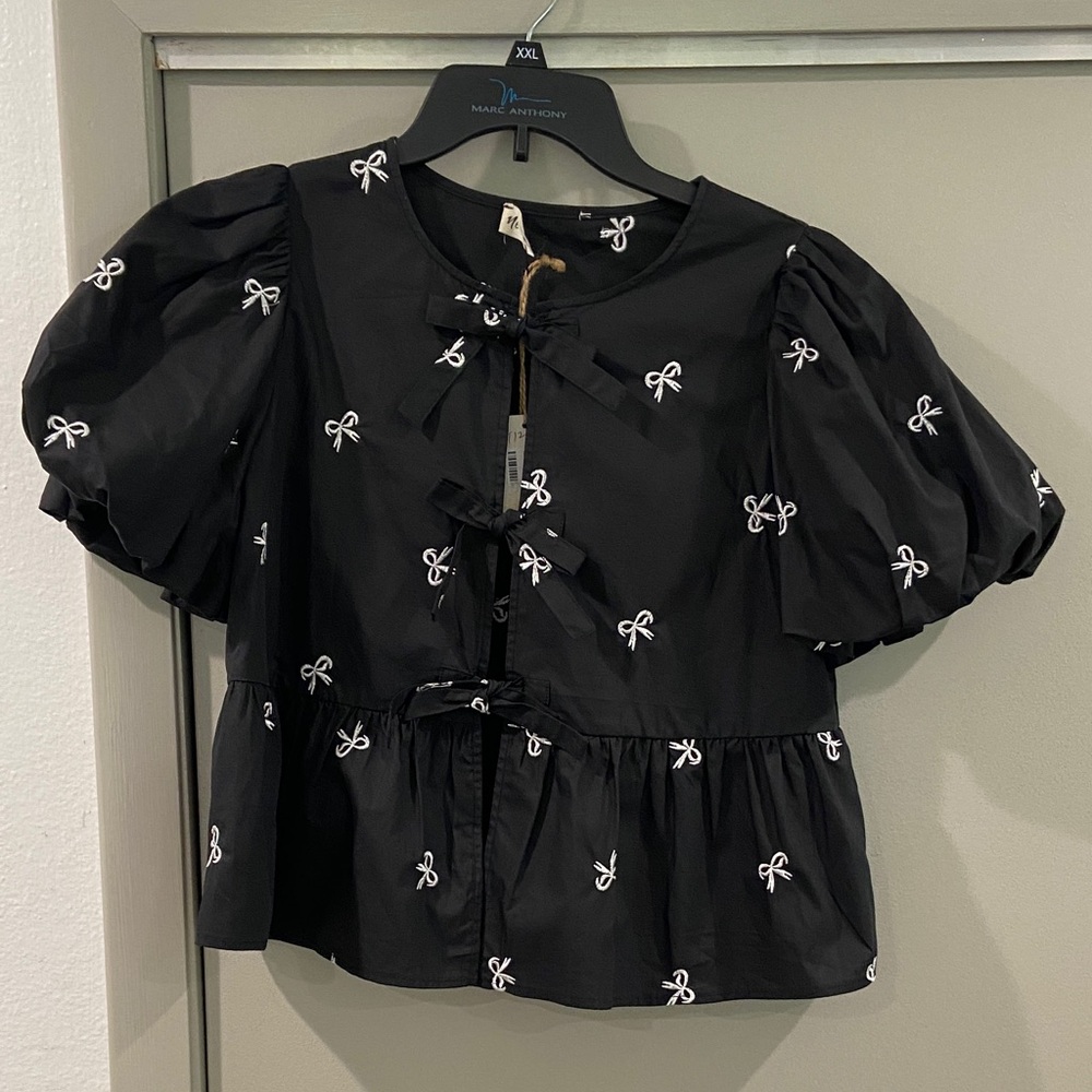 Black Puff Sleeve Top with Bow Accents